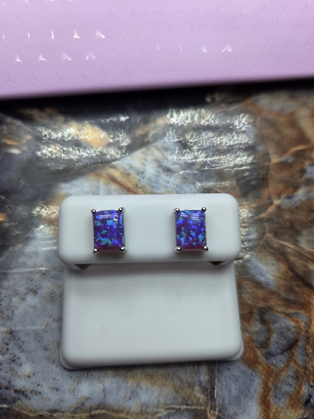 Blue Violet Natural Opal Rectangular Stud Earrings - 925 SILVER